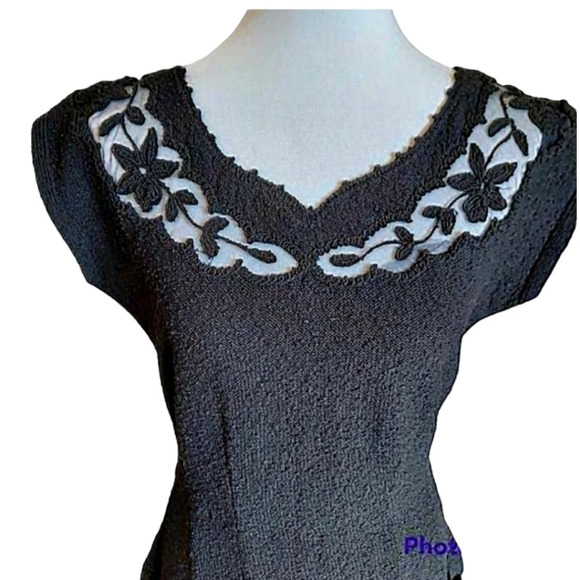 Vintage Hand Loomed Snyder Knit California 1950s Black Mesh Lace Yoke Fit  Flare - Picture 1 of 16